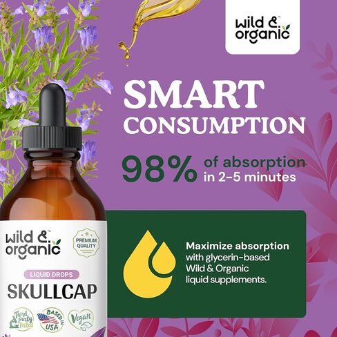 Wild & Organic Skullcap Herb Tincture - Skullcap Supplement - Mood Support - Vegan, Alcohol Free Liquid Extract - 4 fl oz in Kuwait