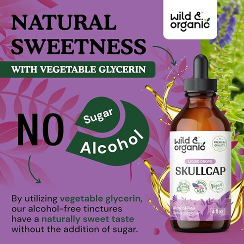 Wild & Organic Skullcap Herb Tincture - Skullcap Supplement - Mood Support - Vegan, Alcohol Free Liquid Extract - 4 fl oz in Kuwait