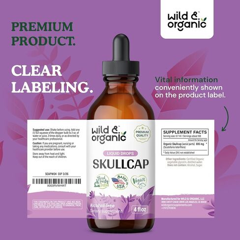 Wild & Organic Skullcap Herb Tincture - Skullcap Supplement - Mood Support - Vegan, Alcohol Free Liquid Extract - 4 fl oz in Kuwait
