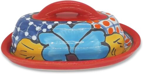 Butter Dish Ceramic Talavera with Lid Hand Painted Authentic Mexican Pottery Kitchen Floral Design (Green) in Saudi Arabia