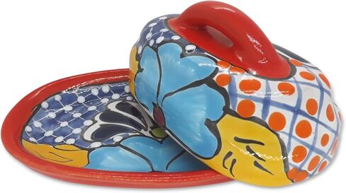 Butter Dish Ceramic Talavera with Lid Hand Painted Authentic Mexican Pottery Kitchen Floral Design (Green) in Saudi Arabia