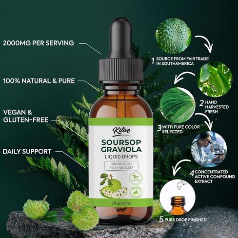 Soursop Graviola Liquid Drop, Nature & Pure Soursop Graviola Extract for Cell Support & Regeneration, Immune Boost, Relaxation, Vegan, Gluten-free, for Men & Women 2 Fl Oz in Saudi Arabia