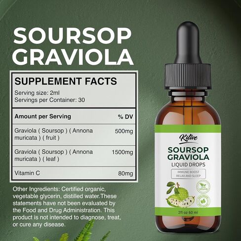 Soursop Graviola Liquid Drop, Nature & Pure Soursop Graviola Extract for Cell Support & Regeneration, Immune Boost, Relaxation, Vegan, Gluten-free, for Men & Women 2 Fl Oz in Saudi Arabia