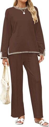 ETCYY NEW Womens 2 Piece Outfits Sweater Sets Pleated Leg Pants Long Sleeve Knit Sawtooth Edge Top Lounge Sets Tracksuits in Saudi Arabia