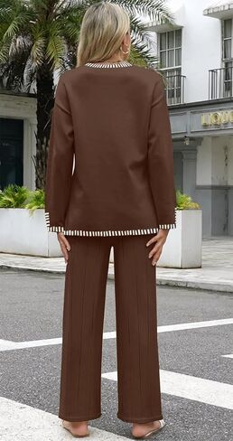 ETCYY NEW Womens 2 Piece Outfits Sweater Sets Pleated Leg Pants Long Sleeve Knit Sawtooth Edge Top Lounge Sets Tracksuits in Saudi Arabia