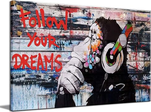 Framed Banksy Graffiti Canvas Wall Art Follow Your Dreams Monkey Poster With Headphones Prints Street Painting Picture Man Cave Wall Decor Pop Art for Living Room Ready To Hang 12"Wx16"H (30x40cm)) in Saudi Arabia