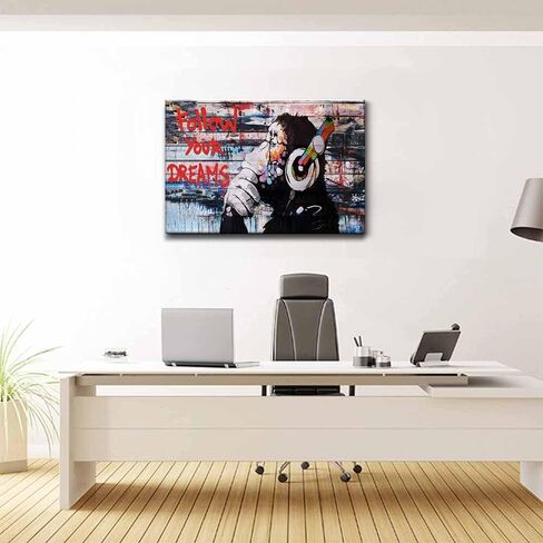 Framed Banksy Graffiti Canvas Wall Art Follow Your Dreams Monkey Poster With Headphones Prints Street Painting Picture Man Cave Wall Decor Pop Art for Living Room Ready To Hang 12"Wx16"H (30x40cm)) in Saudi Arabia