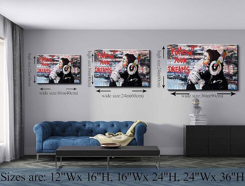 Framed Banksy Graffiti Canvas Wall Art Follow Your Dreams Monkey Poster With Headphones Prints Street Painting Picture Man Cave Wall Decor Pop Art for Living Room Ready To Hang 12"Wx16"H (30x40cm)) in Saudi Arabia