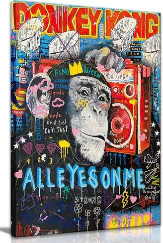 Framed Banksy Graffiti Canvas Wall Art Follow Your Dreams Monkey Poster With Headphones Prints Street Painting Picture Man Cave Wall Decor Pop Art for Living Room Ready To Hang 12"Wx16"H (30x40cm)) in Saudi Arabia