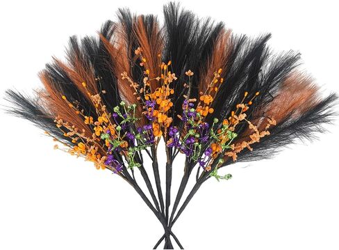 6 Pcs 20inch Artificial Black Orange Pampas Grass Stems Halloween Branches Picks with Faux Glitter Berries Stems Fake Twig Bush Branches for Vases Haunted House Gothic Floral Decor in Kuwait