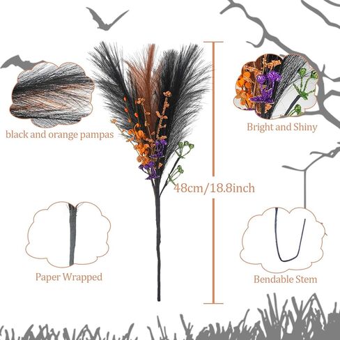 6 Pcs 20inch Artificial Black Orange Pampas Grass Stems Halloween Branches Picks with Faux Glitter Berries Stems Fake Twig Bush Branches for Vases Haunted House Gothic Floral Decor in Kuwait