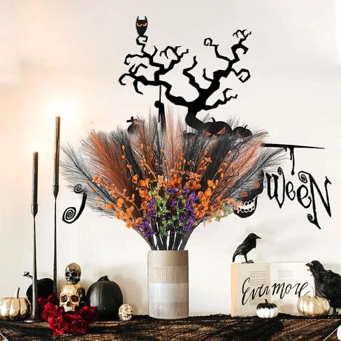 6 Pcs 20inch Artificial Black Orange Pampas Grass Stems Halloween Branches Picks with Faux Glitter Berries Stems Fake Twig Bush Branches for Vases Haunted House Gothic Floral Decor in Kuwait