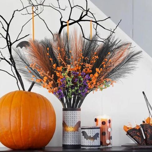 6 Pcs 20inch Artificial Black Orange Pampas Grass Stems Halloween Branches Picks with Faux Glitter Berries Stems Fake Twig Bush Branches for Vases Haunted House Gothic Floral Decor in Kuwait