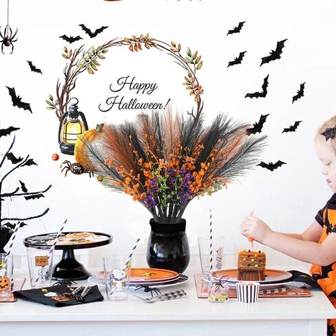 6 Pcs 20inch Artificial Black Orange Pampas Grass Stems Halloween Branches Picks with Faux Glitter Berries Stems Fake Twig Bush Branches for Vases Haunted House Gothic Floral Decor in Kuwait