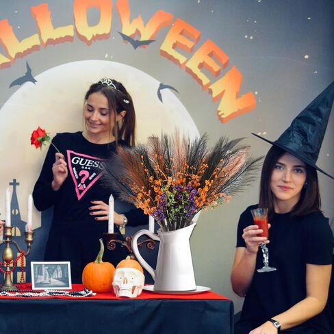 6 Pcs 20inch Artificial Black Orange Pampas Grass Stems Halloween Branches Picks with Faux Glitter Berries Stems Fake Twig Bush Branches for Vases Haunted House Gothic Floral Decor in Kuwait