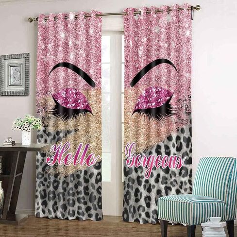 BSPPTI Hello Gorgeous Unicorn Eyelash Print Curtain, Pink Eyes Leopard Print Splicing Room Darkening Thermal Insulated Blackout Window Drapes for Living, Bedroom, 42"x 84", 2 Panels, CLLSSP1505 in Saudi Arabia