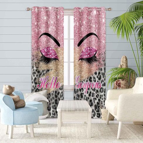 BSPPTI Hello Gorgeous Unicorn Eyelash Print Curtain, Pink Eyes Leopard Print Splicing Room Darkening Thermal Insulated Blackout Window Drapes for Living, Bedroom, 42"x 84", 2 Panels, CLLSSP1505 in Saudi Arabia