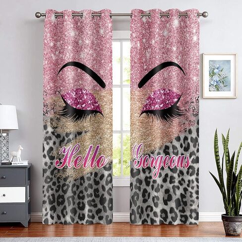 BSPPTI Hello Gorgeous Unicorn Eyelash Print Curtain, Pink Eyes Leopard Print Splicing Room Darkening Thermal Insulated Blackout Window Drapes for Living, Bedroom, 42"x 84", 2 Panels, CLLSSP1505 in Saudi Arabia