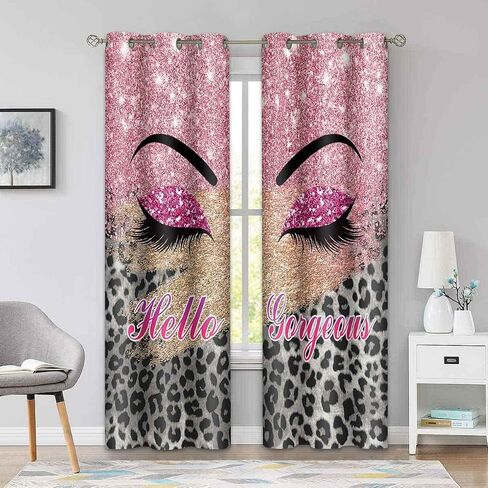 BSPPTI Hello Gorgeous Unicorn Eyelash Print Curtain, Pink Eyes Leopard Print Splicing Room Darkening Thermal Insulated Blackout Window Drapes for Living, Bedroom, 42"x 84", 2 Panels, CLLSSP1505 in Saudi Arabia