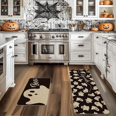 Artoid Mode Spooky Ghosts Boo Halloween Kitchen Mats Set of 2, Black Home Decor Low-Profile Kitchen Rugs for Floor - 17x29 and 17x47 Inch in Saudi Arabia