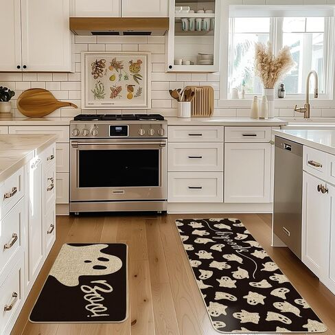 Artoid Mode Spooky Ghosts Boo Halloween Kitchen Mats Set of 2, Black Home Decor Low-Profile Kitchen Rugs for Floor - 17x29 and 17x47 Inch in Saudi Arabia