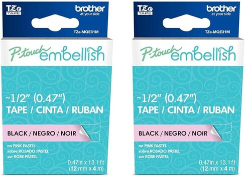 Brother P-Touch Embellish Black Print on Pastel Pink Tape TZEMQE31M – ~½" Wide x 13.1’ Long for use with P-Touch Embellish Ribbon & Tape Printer in Kuwait
