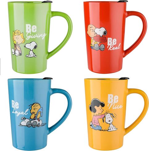كوب للسفر Peanuts Snoopy Gentle Reminders سعة 18 أونصة مع غطاء، خزف حجري، 4 عبوات، ألوان متنوعة in Saudi Arabia
