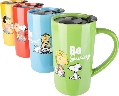 كوب للسفر Peanuts Snoopy Gentle Reminders سعة 18 أونصة مع غطاء، خزف حجري، 4 عبوات، ألوان متنوعة in Saudi Arabia