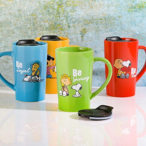 كوب للسفر Peanuts Snoopy Gentle Reminders سعة 18 أونصة مع غطاء، خزف حجري، 4 عبوات، ألوان متنوعة in Saudi Arabia