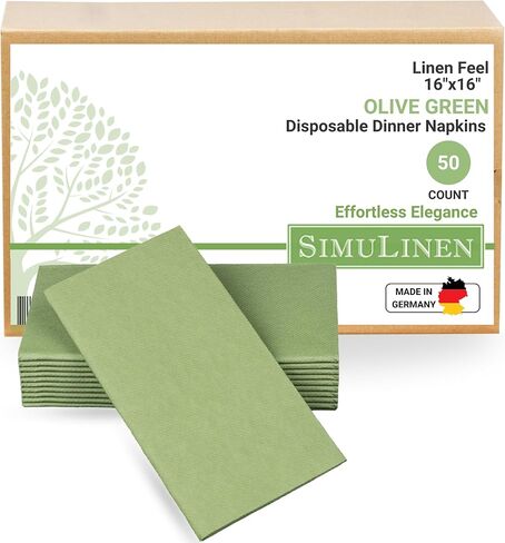 SimuLinen مناديل عشاء باللون الأخضر الزيتوني للاستعمال مرة واحدة ومزخرفة - مناديل عشاء بملمس الكتان، تشبه القماش وكوشير لعيد الفصح وعيد الفصح وحفلات الزفاف ومناديل الدش - الحجم: 16 بوصة × 16 بوصة - صندوق مكون من 50 قطعة in Kuwait