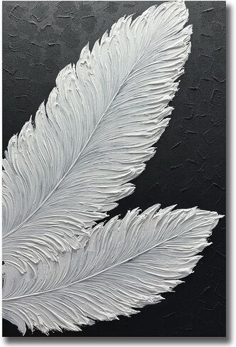 Boiee Art,24x48Inch Handmade Wrapped Canvas Paintings Pure White Textured Feather Wall Art Minimalist Style Vertical Contemporary Artwork Framed Art Wall Decor in Kuwait