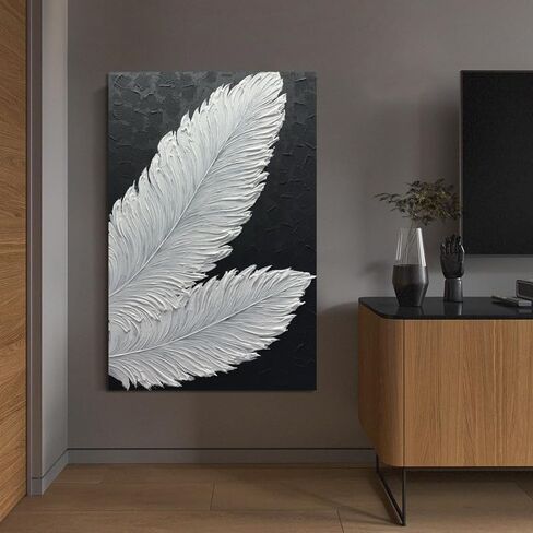 Boiee Art,24x48Inch Handmade Wrapped Canvas Paintings Pure White Textured Feather Wall Art Minimalist Style Vertical Contemporary Artwork Framed Art Wall Decor in Kuwait