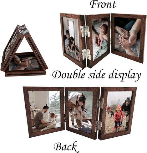 3 Picture Frame 5x7 Three Wooden Photo Collage Frame Farmhouse Hinged Triple Foldable Frame for Grandma Grandchildren Gift Tabletop Desk Double Side Display (Wooden) in Saudi Arabia
