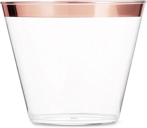 Munfix 100 Rose Gold Plastic Cups 9 Oz Clear Plastic Cups Old Fashioned Tumblers Rose Gold Rimmed Cups Fancy Disposable Wedding Cups Elegant Party Cups with Rose Gold Rim in Saudi Arabia