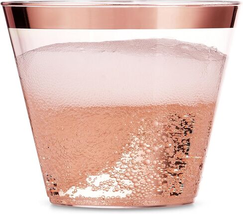 Munfix 100 Rose Gold Plastic Cups 9 Oz Clear Plastic Cups Old Fashioned Tumblers Rose Gold Rimmed Cups Fancy Disposable Wedding Cups Elegant Party Cups with Rose Gold Rim in Saudi Arabia