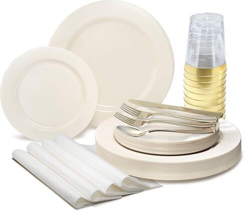 " OCCASIONS " 50 Plates Pack (25 Guests)-Heavyweight Wedding Party Disposable Plastic Plate Set -25 x 10.5'' Dinner + 25 x 7.5'' Salad/Dessert plates (Plain Ivory) in Saudi Arabia