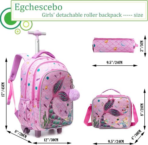 Egchescebo Kids حقيبة ظهر متدحرجة للفتيات على شكل حورية البحر حقائب ظهر بعجلات على عجلات مع علبة غداء مقلمة للجيوب الابتدائية متعددة الجيوب وحقيبة مدرسية للسفر باللون الوردي in Kuwait