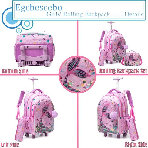 Egchescebo Kids حقيبة ظهر متدحرجة للفتيات على شكل حورية البحر حقائب ظهر بعجلات على عجلات مع علبة غداء مقلمة للجيوب الابتدائية متعددة الجيوب وحقيبة مدرسية للسفر باللون الوردي in Kuwait