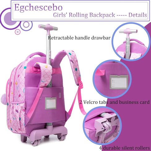 Egchescebo Kids حقيبة ظهر متدحرجة للفتيات على شكل حورية البحر حقائب ظهر بعجلات على عجلات مع علبة غداء مقلمة للجيوب الابتدائية متعددة الجيوب وحقيبة مدرسية للسفر باللون الوردي in Kuwait