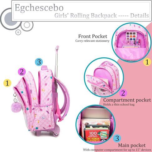 Egchescebo Kids حقيبة ظهر متدحرجة للفتيات على شكل حورية البحر حقائب ظهر بعجلات على عجلات مع علبة غداء مقلمة للجيوب الابتدائية متعددة الجيوب وحقيبة مدرسية للسفر باللون الوردي in Kuwait