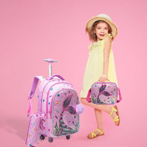 Egchescebo Kids حقيبة ظهر متدحرجة للفتيات على شكل حورية البحر حقائب ظهر بعجلات على عجلات مع علبة غداء مقلمة للجيوب الابتدائية متعددة الجيوب وحقيبة مدرسية للسفر باللون الوردي in Kuwait