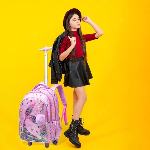 Egchescebo Kids حقيبة ظهر متدحرجة للفتيات على شكل حورية البحر حقائب ظهر بعجلات على عجلات مع علبة غداء مقلمة للجيوب الابتدائية متعددة الجيوب وحقيبة مدرسية للسفر باللون الوردي in Kuwait