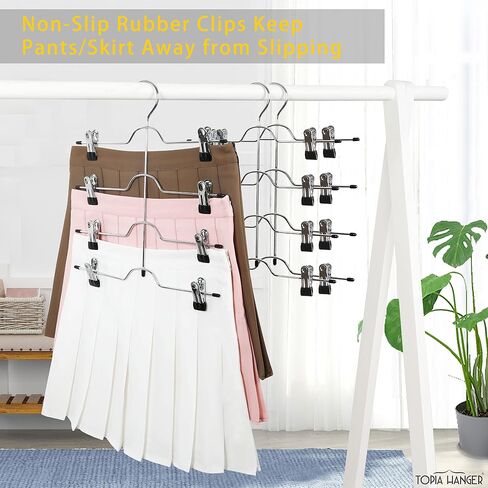 TOPIA HANGER شماعات تنورة معدنية من 4 طبقات للنساء، شماعات السراويل موفرة للمساحة مع مشابك قابلة للتعديل، احصل على مساحة أكبر بنسبة 70%، قبضة غير قابلة للانزلاق للسراويل والسراويل القصيرة والسراويل القصيرة والجينز والمناشف، أسود، عبوتان، CT20B in Kuwait