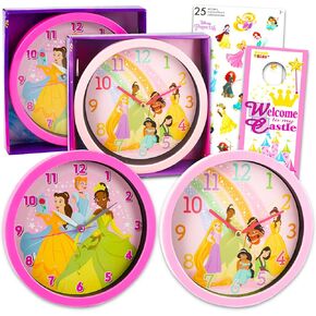 Disney Princess Wall Clock Set- Bundle of 2 Disney Princess 10" Wall Clocks Featuring Tiana, Belle, and Cinderella Plus Stickers and More | Disney Princess Bedroom Clocks