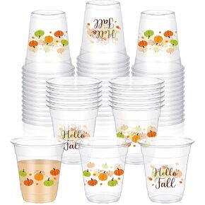 Yaomiao 50 Pcs Fall Cups Bulk 12 oz Plastic Autumn Cups Clear Hello Fall Disposable Cups Pumpkin Drinking Cups for Home Kitchen Thanksgiving Fall Harvest Theme Party Supplies Favors (Pumpkin)