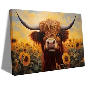 Highland Cow Sunflower Wall Art Scottish Cow Poster Picture Sunflower Flowers Field Canva Print Cute Farm Cow Painting For Living Room Bedroom Home Office Wall Decor Framed