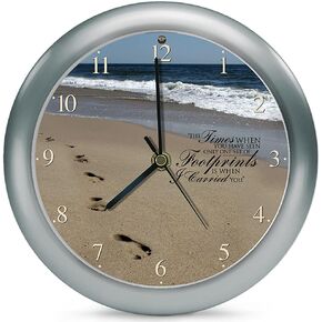 Mark Feldstein & Associates Footprints in The Sand Inspirational Silver Tone 8 inch Three Hymn Sound Clock