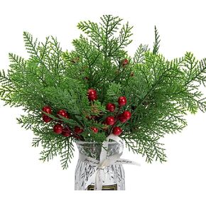 Watayo 50 Pcs Christmas Artificial Pine Branches with 10 Pcs Artificial Red Berry Stems- Red Berry Evergreen Pine Leaves Branches- Fake Foliage Pine Needles for DIY Christmas Home Decoration