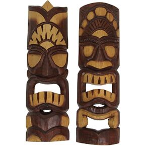 Zeckos Hand Carved Natural Stained Wood Polynesian Style Tiki Wall Hanging Masks 20 inch Set of 2 Tropical Décor