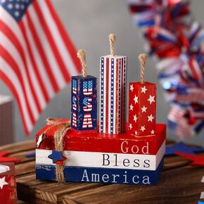 4 Pcs Patriotic Tiered Tray Decor Wooden 4th of July Decoration Farmhouse Independence Day Table Decor American Flag Truck Sign Book Block Memorial Day Patriotic Decor for Home Shelf Land of The Free